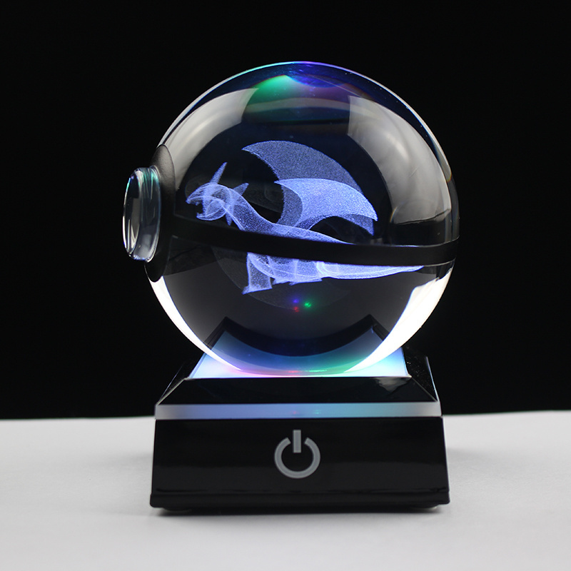 Drop-shipping Crystal Glass 3D Engraving Carte Pokemon Ball Pokeball Toy With LED Base