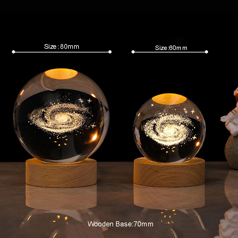 Crystal ball Crystal Saturn Planet Globe 3D Laser Engraved Solar System Galaxy Ball With LED Light Base