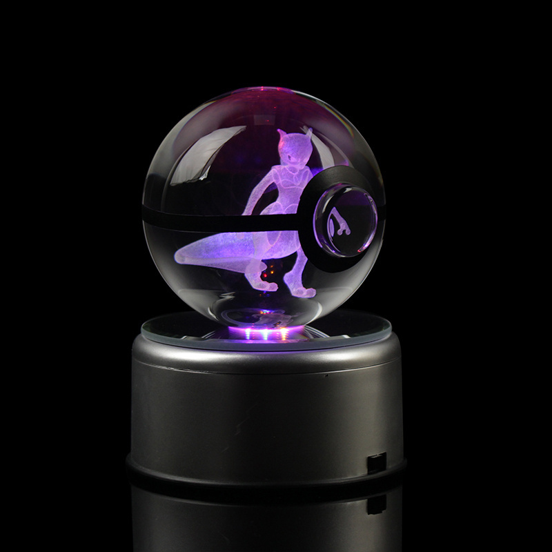 Drop-shipping Crystal Glass 3D Engraving Carte Pokemon Ball Pokeball Toy With LED Base