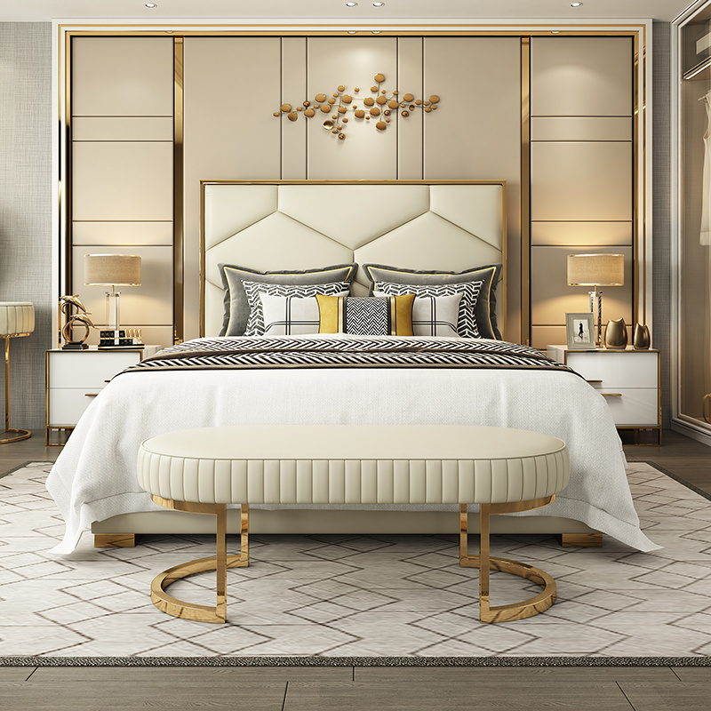 160*200cm luxury golden stainless steel hotel home used leather bed and mattress set platform bed divan frame