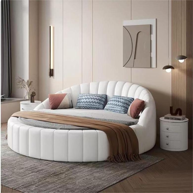 High bedhead up-holstered beds king size hotel luxury circle storage bedroom furniture Leather round bed