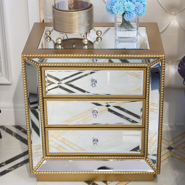 Hotel modern luxury style gold mirrored bedside tables nightstand 3 drawers