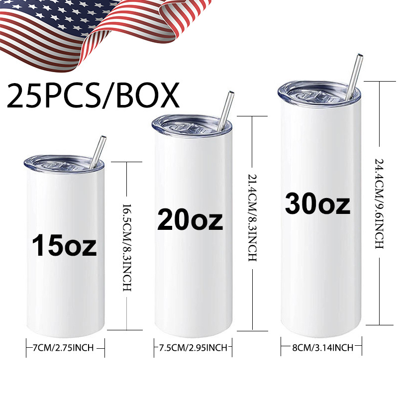 Wholesale USA warehouse stainless steel double wall blank straight 20 oz 30 oz skinny sublimation tumblers with Straws and Lid