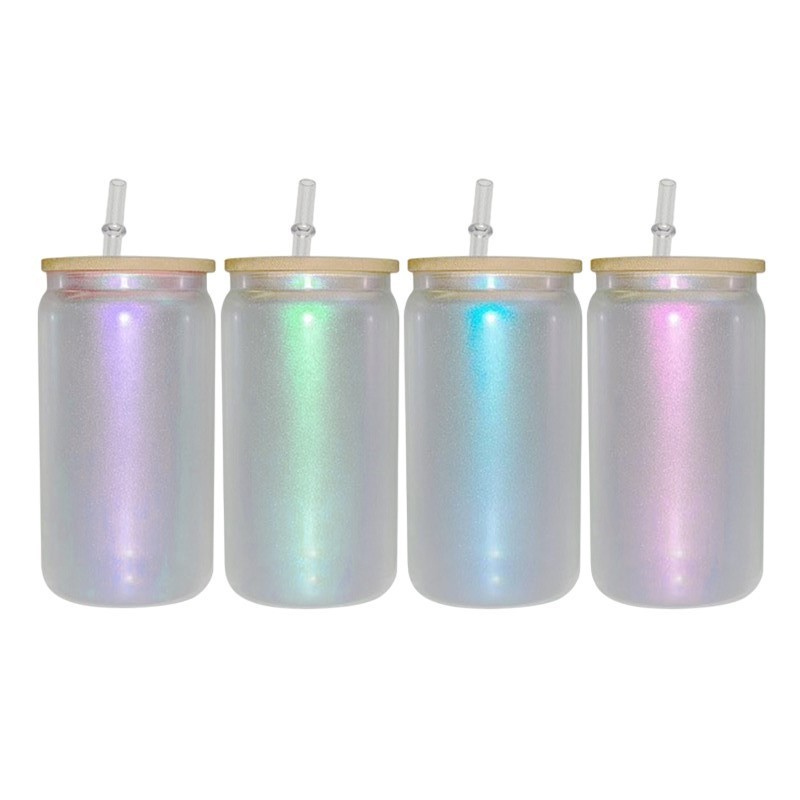 wholesale Sublimation 16oz Iridescent Beer Glass Can Cup Soda Pop Shaped Beer Rainbow Glitter Glasses Water Cups with Bamboo Lid