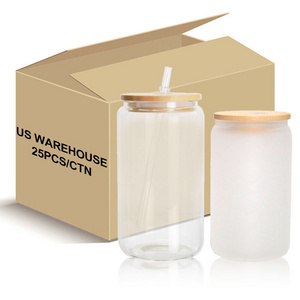 Us Warehouse 16oz Sublimation Clear Frosted Can Glass Mug 16oz Beer Can Cups With Bamboo Lid And Straws