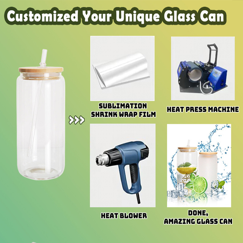 Us Warehouse 16oz Sublimation Clear Frosted Can Glass Mug 16oz Beer Can Cups With Bamboo Lid And Straws