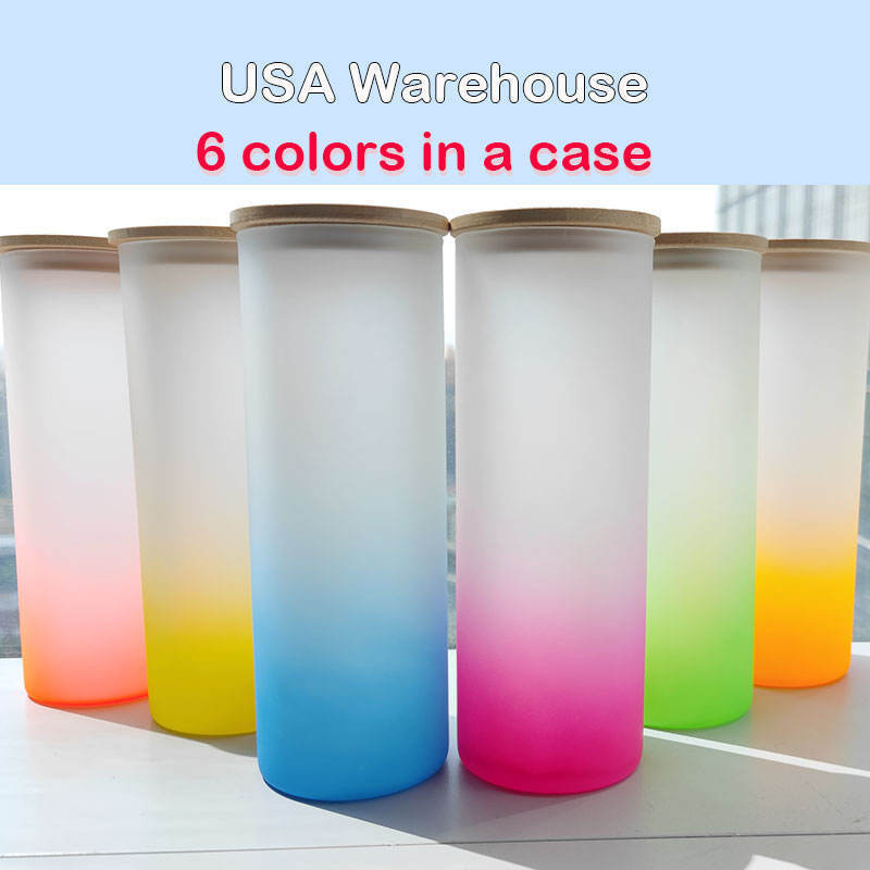 Sublimation Blank Straight Glass Tumbler Gradient Color Coffee Mug Juice Beer Wine Tumblers Frosted Cup with Bamboo Lid