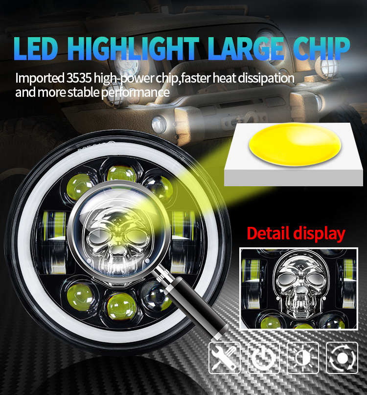 Skull 5.75 inch motorcycle led headlight RGB with angel eyes 5.75