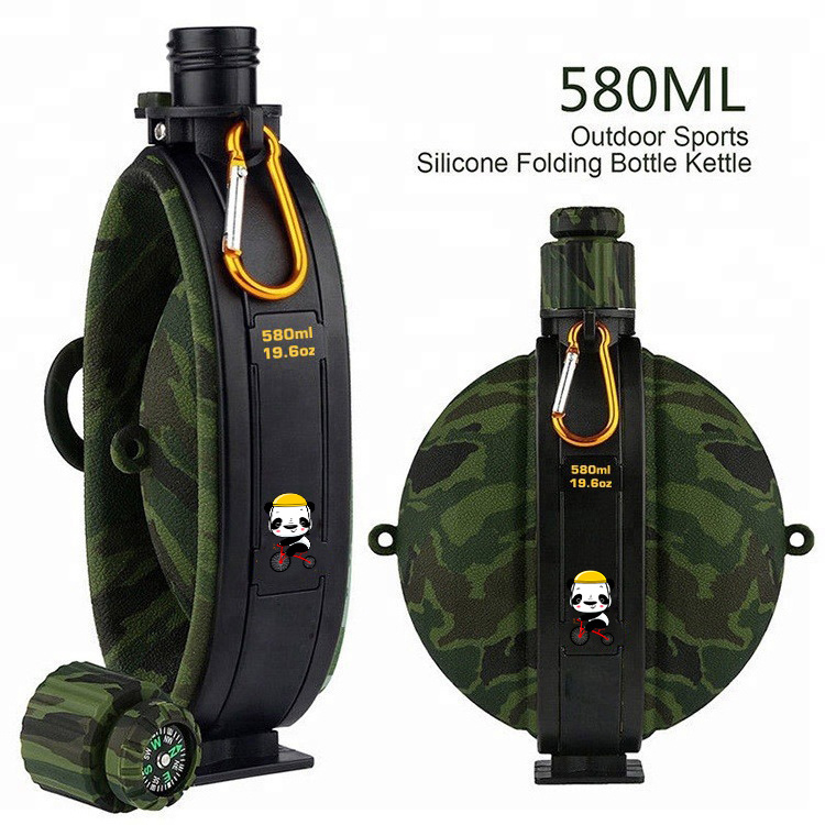 Sports Water Bottle with Camouflage Compass Outdoor Hiking Travel Silicone collapsible Water Bottle