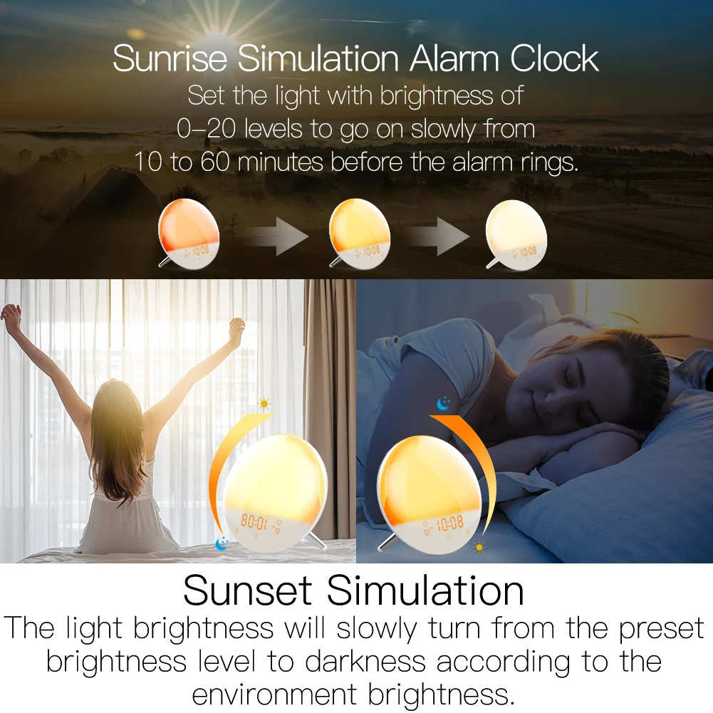 WiFi Smart Wake Up Light Workday Alarm Clock with 7 Colors Sunrise/Sunset Smart Life Tuya APP Works with Alexa Google Home