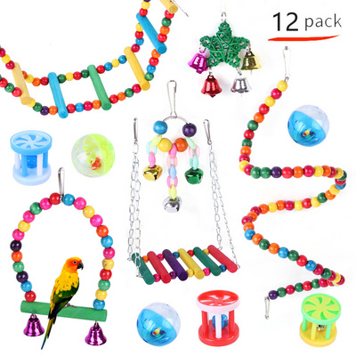 Combination Bird Toys Set Swing Chewing Training Small Parrot Hanging Hammock Parrot Cage Bell Perch Toys with Ladder Toys