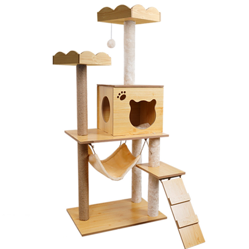 Wooden Cat Tree House Climbing Frame Sisal Scratching Post for Pet Cat Furniture Protection Kawaii Cat's House and Hammock