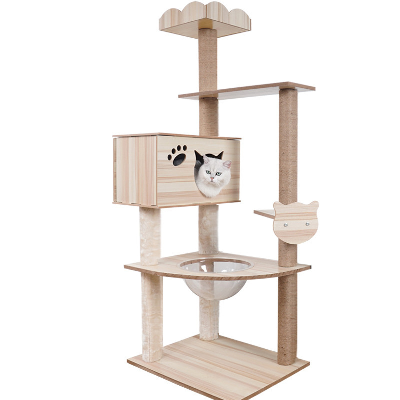 Wooden Cat Tree House Climbing Frame Sisal Scratching Post for Pet Cat Furniture Protection Kawaii Cat's House and Hammock