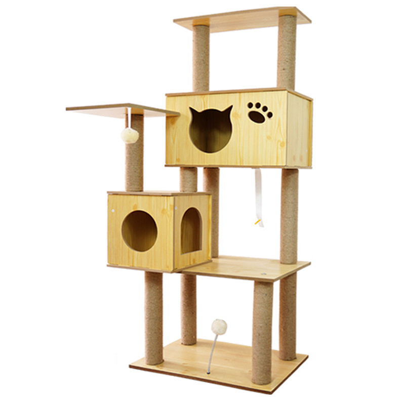 Wooden Cat Tree House Climbing Frame Sisal Scratching Post for Pet Cat Furniture Protection Kawaii Cat's House and Hammock