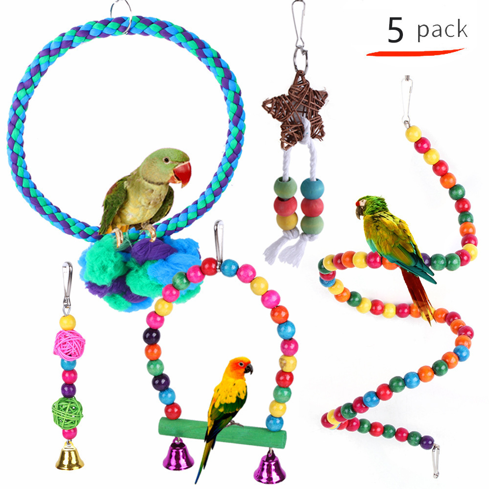 Bird Swing Toy Wooden Parrot Perch Stand Playstand with Chewing Beads Cage Playground for Budgie Birds