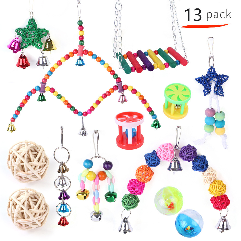 Bird Swing Toy Wooden Parrot Perch Stand Playstand with Chewing Beads Cage Playground for Budgie Birds