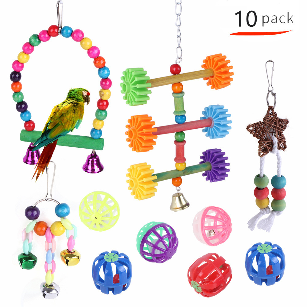 Bird Swing Toy Wooden Parrot Perch Stand Playstand with Chewing Beads Cage Playground for Budgie Birds