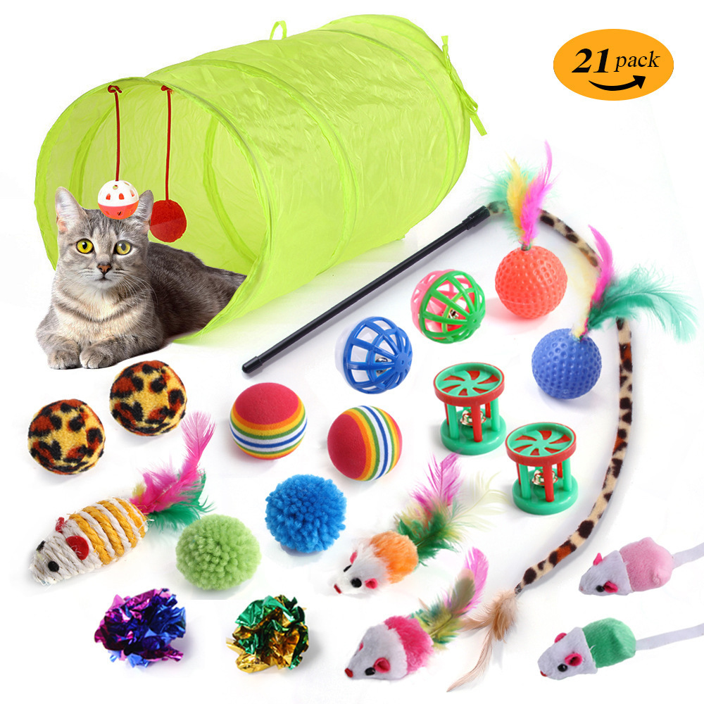 21Pcs Cat Toys Kit Collapsible Tunnel Cat Toy Fun Channel Feather Balls Mice Shape Pet Kitten Dog Cat Interactive Play Supplies