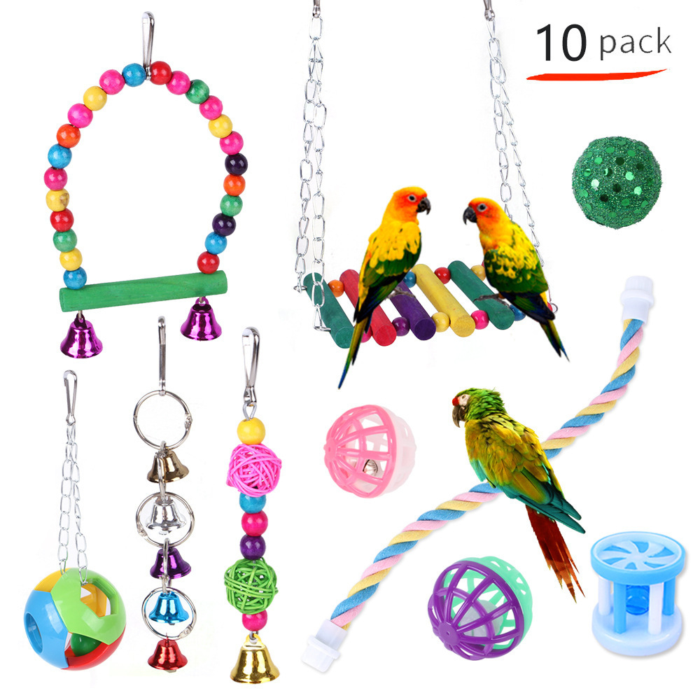 Combination Bird Toys Set Swing Chewing Training Small Parrot Hanging Hammock Parrot Cage Bell Perch Toys with Ladder Toys