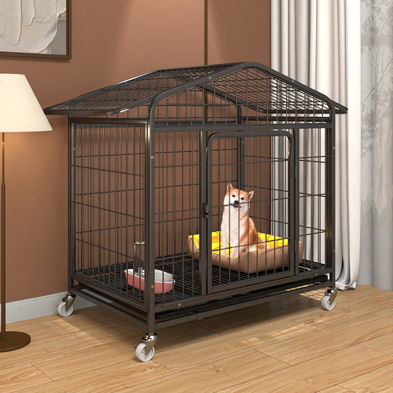 Silver/Black Heavy Duty Metal Dog Cage Crate Kennel Pet Playpen Portable With Tray Foldable Four-wheeled Sildable Kennel