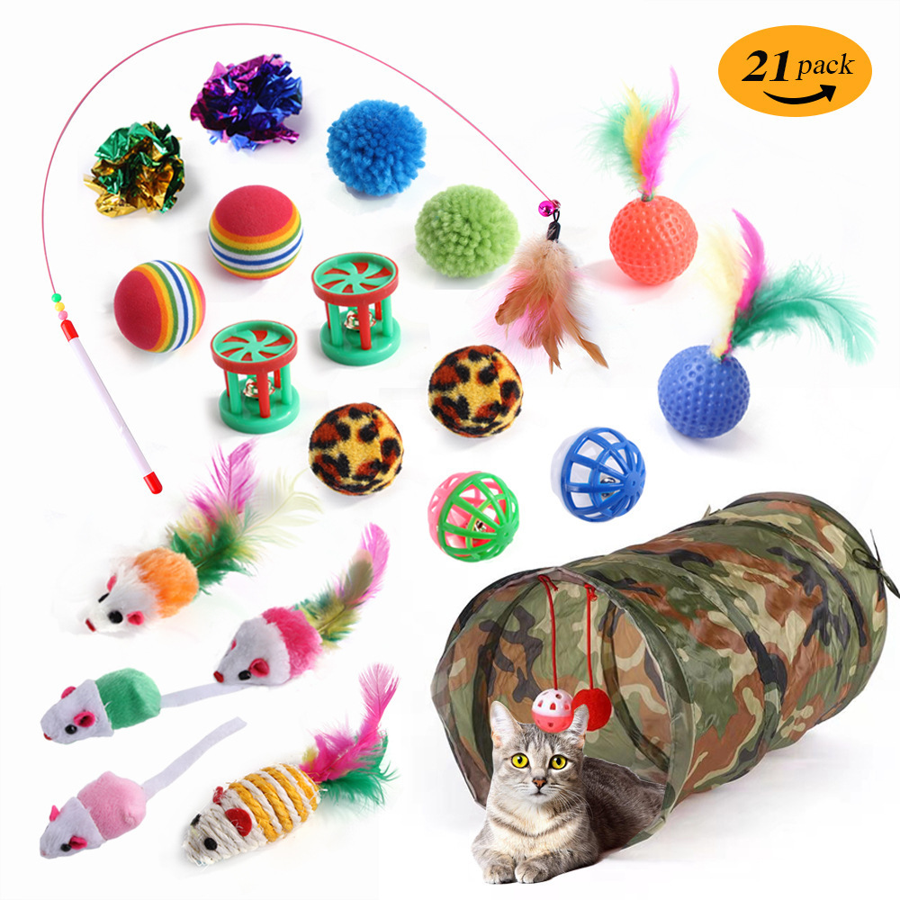 21Pcs Cat Toys Kit Collapsible Tunnel Cat Toy Fun Channel Feather Balls Mice Shape Pet Kitten Dog Cat Interactive Play Supplies