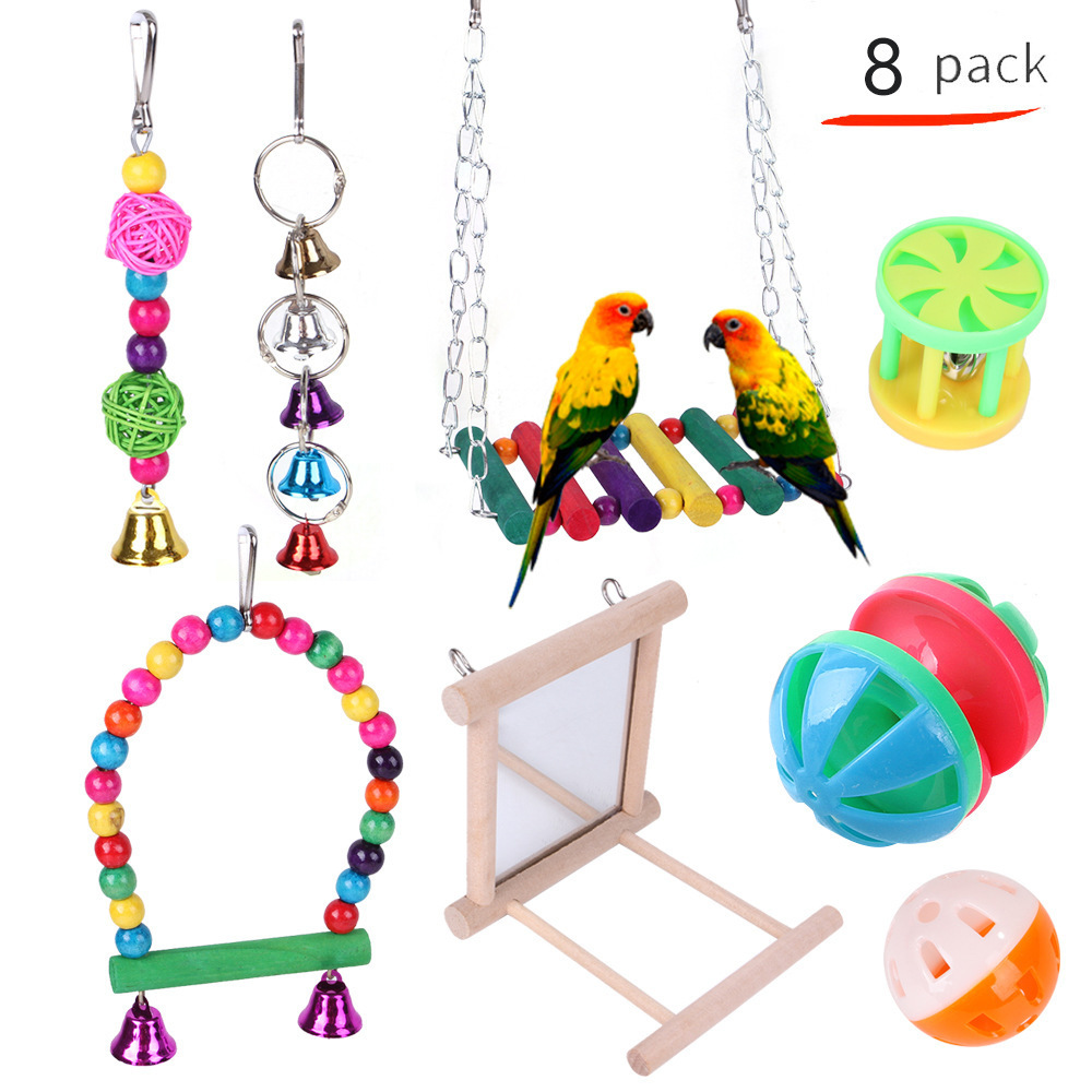 Combination Bird Toys Set Swing Chewing Training Small Parrot Hanging Hammock Parrot Cage Bell Perch Toys with Ladder Toys