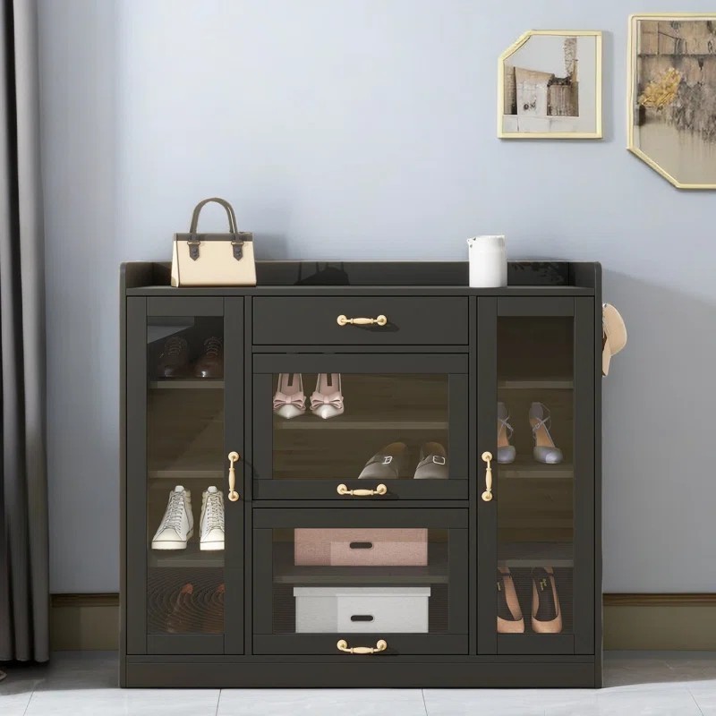 Shoe Cabinet Corner Display Storage Wooden Glass Window Shoe Cabinet