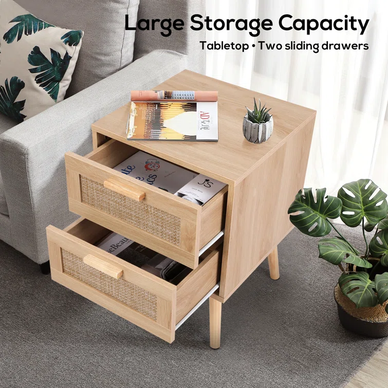 Modern Nightstand, End Table bedside Table With 2 Hand Made Rattan Decorated Drawers, Wood Accent Table With Storage For Bedroom