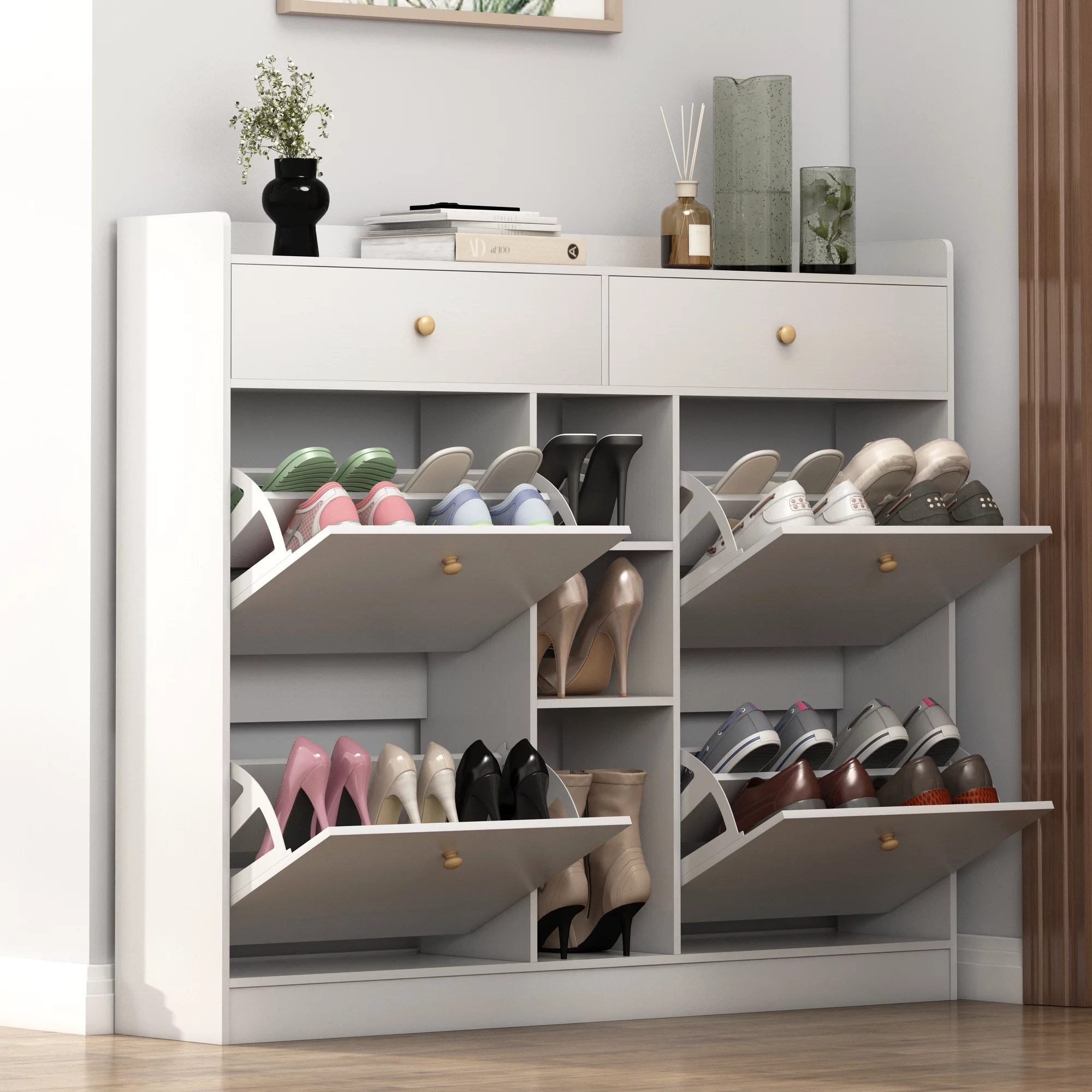 Modern Large Capacity Entryway Furniture White Wood 19 Pairs Shoe Cabinet