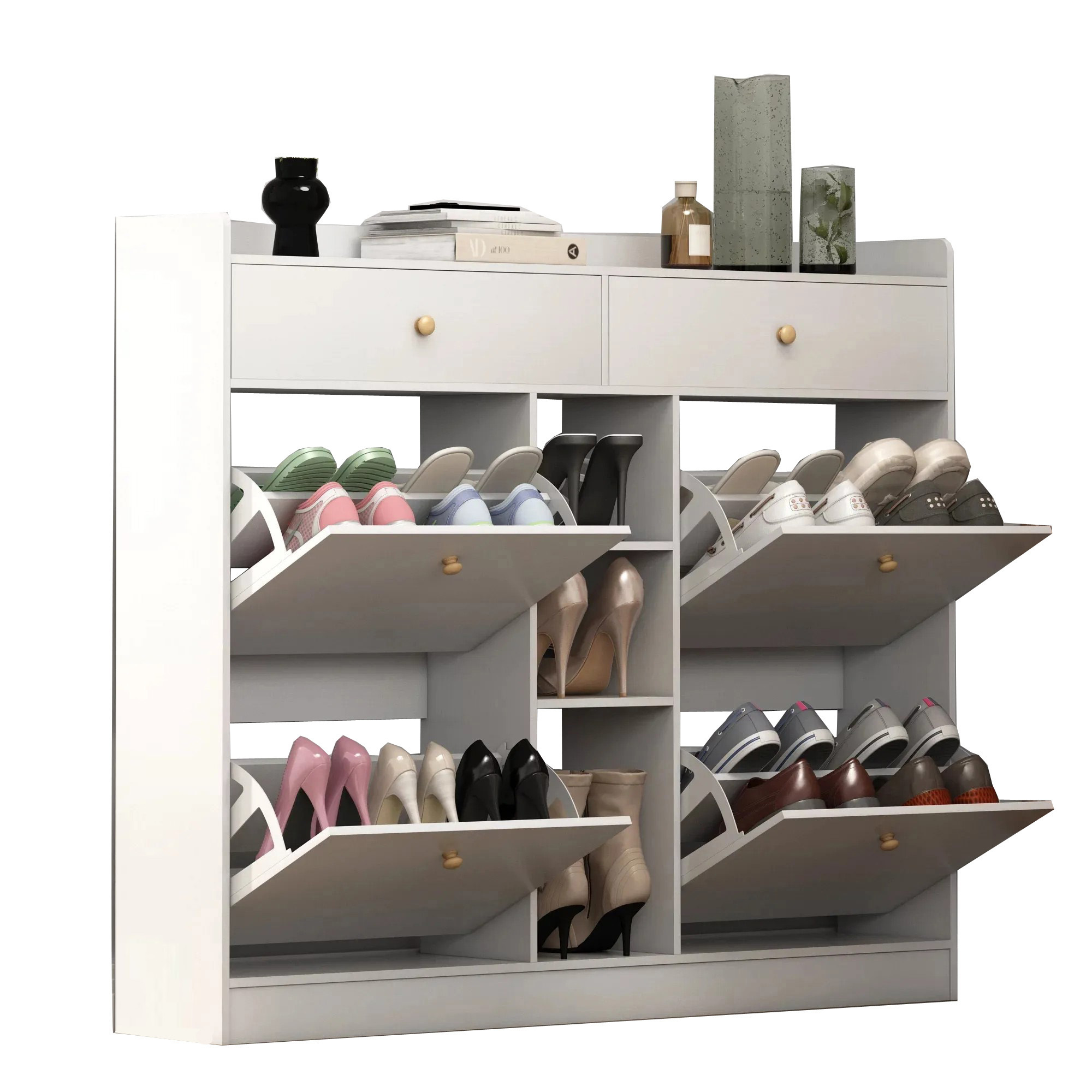 Modern Large Capacity Entryway Furniture White Wood 19 Pairs Shoe Cabinet