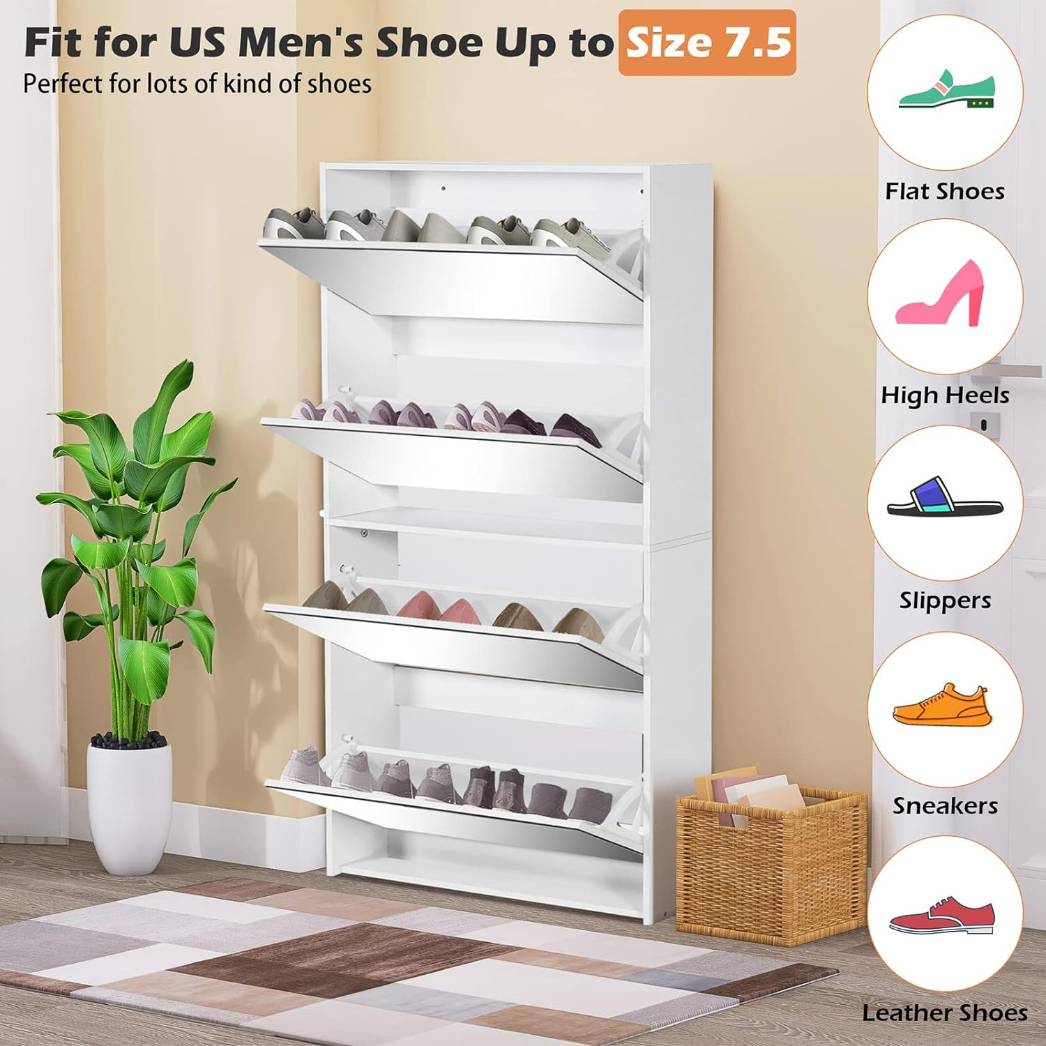 Hallway Furniture Modern Flip Down Wood White Shoe Cabinet Shoe Rack With Mirror