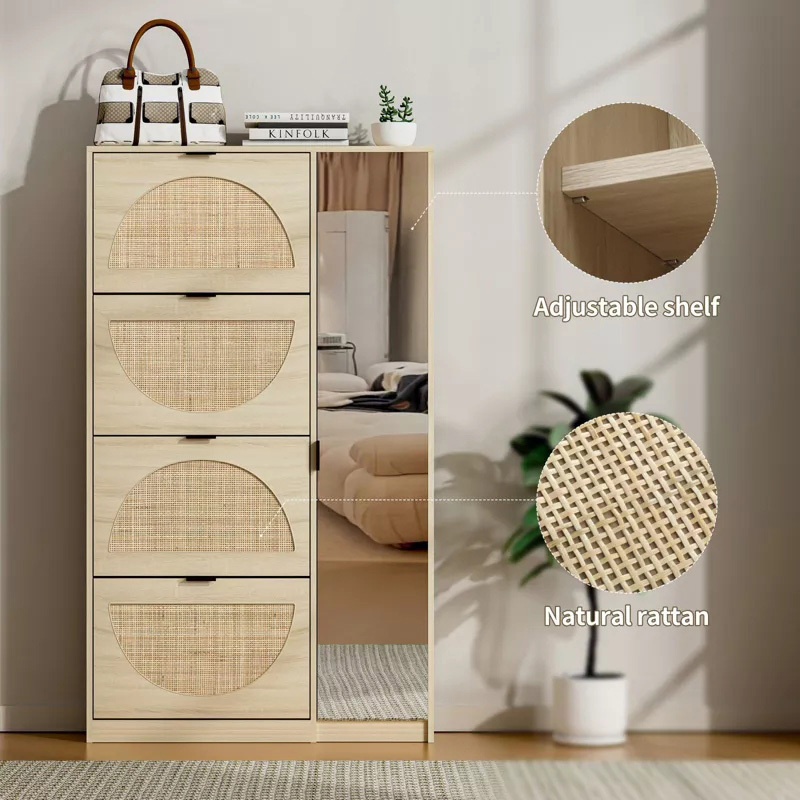 Hallway Modern Storage Cabinet Rattan Furniture Shoe Rack With Mirror