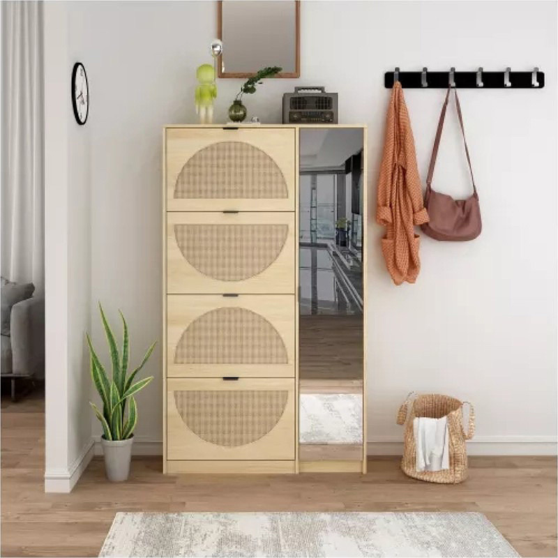 Hallway Modern Storage Cabinet Rattan Furniture Shoe Rack With Mirror