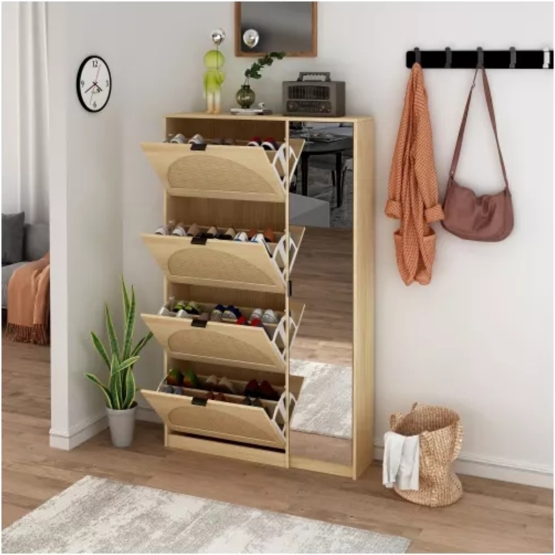 Hallway Modern Storage Cabinet Rattan Furniture Shoe Rack With Mirror