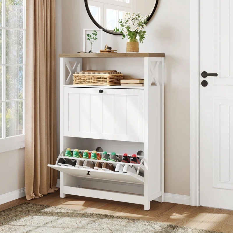 Modern Large Capacity Entryway Furniture White Wood Barn Door Shoe Cabinet