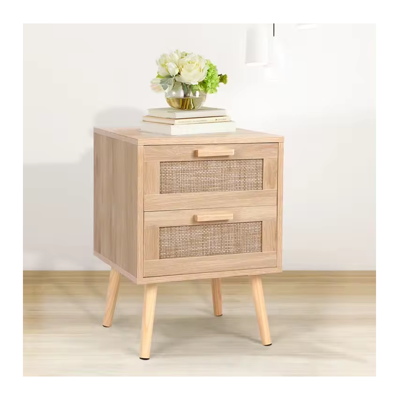 Modern Nightstand, End Table bedside Table With 2 Hand Made Rattan Decorated Drawers, Wood Accent Table With Storage For Bedroom