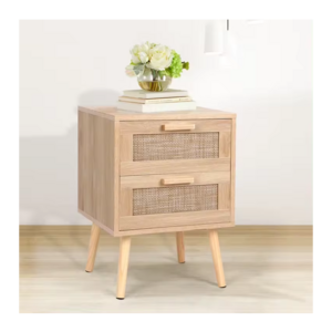 Modern Nightstand, End Table bedside Table With 2 Hand Made Rattan Decorated Drawers, Wood Accent Table With Storage For Bedroom