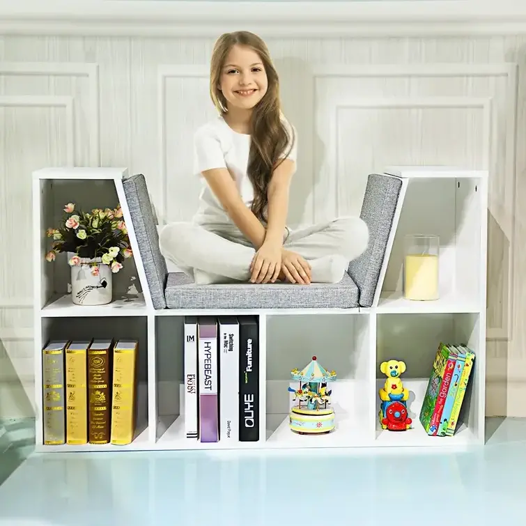 Kid Book Toy Storage Cabinet Bookshelf Cushion Versatile Bench Geometric Bookcase