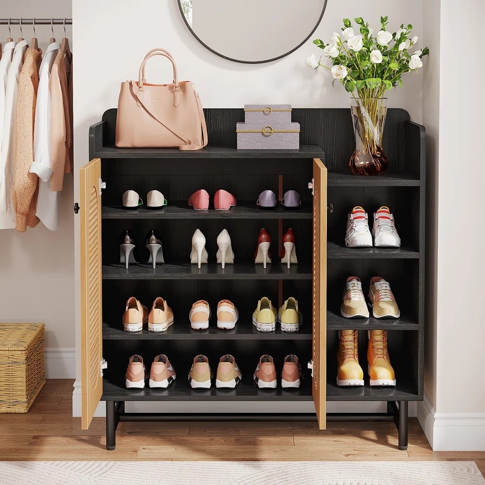 Modern Entryway Shoe Rack Wooden Rattan Shoe Cabinet