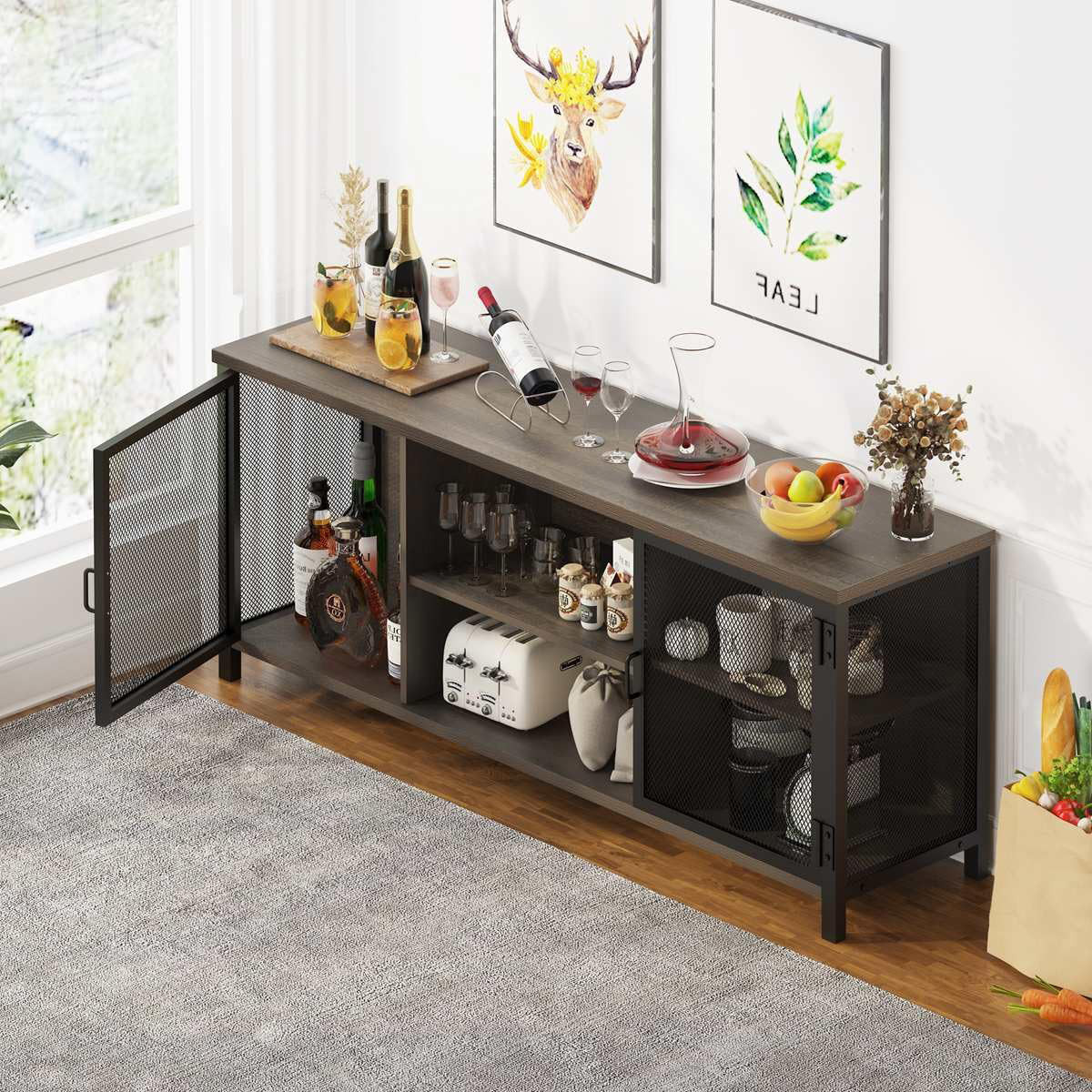 Industrial Entertainment Console Center Rustic Wood TV Stand Metal Mesh Door TV Cabinet