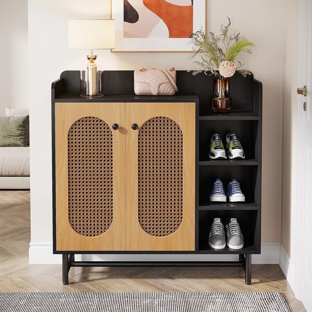 Modern Entryway Shoe Rack Wooden Rattan Shoe Cabinet