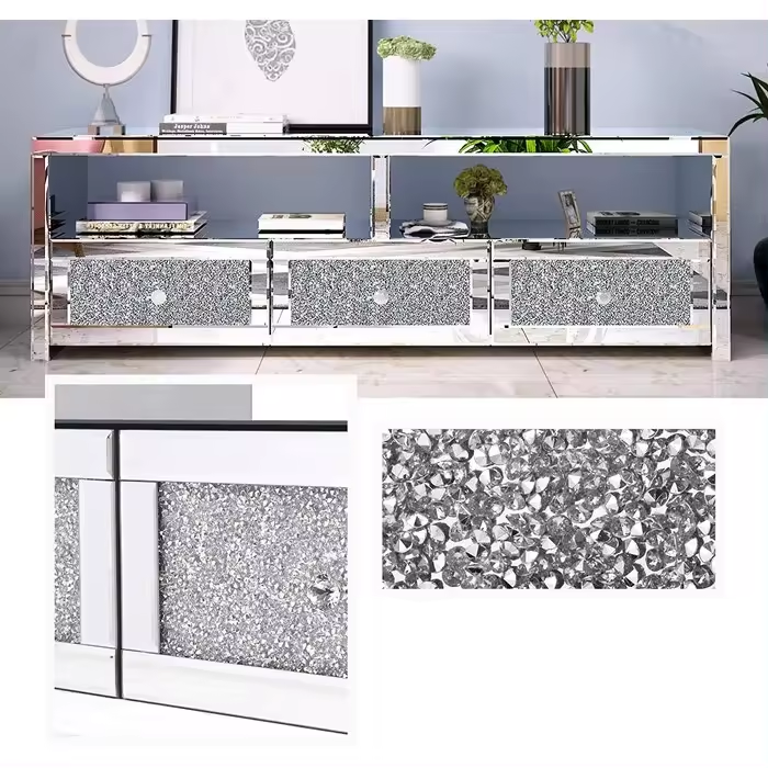 Modern 3 Drawer Mirrored Crystal TV Stand Silver TV Console Table Tv Cabinet For Living Room Hotel Furniture