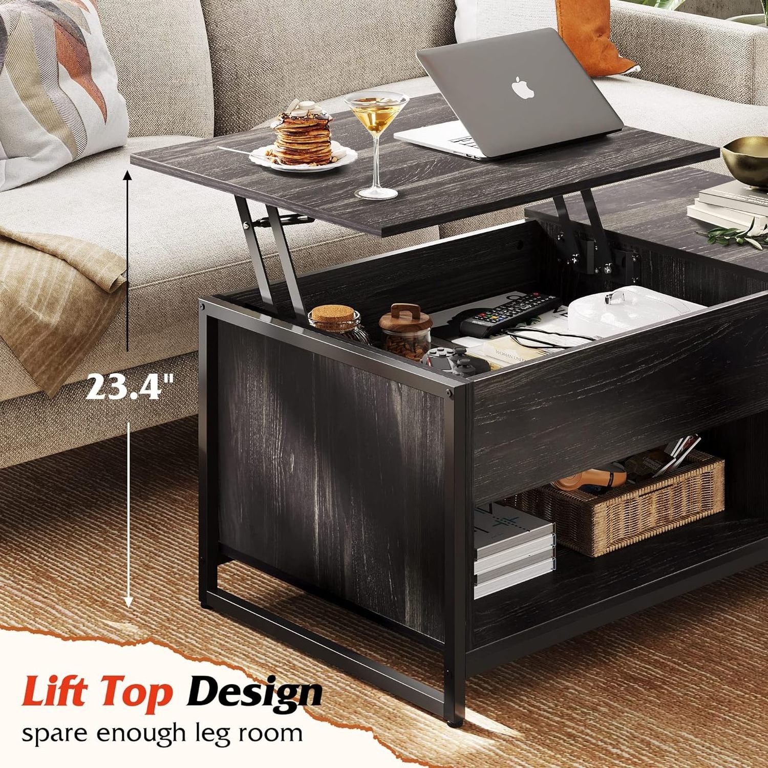 Home Furniture Decor Rustic Tea Storage Brown Metal Mesh Door Cabinet Lift Top Coffee Table