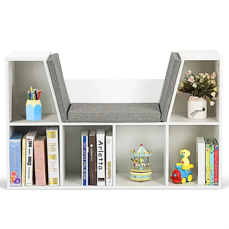 Kid Book Toy Storage Cabinet Bookshelf Cushion Versatile Bench Geometric Bookcase