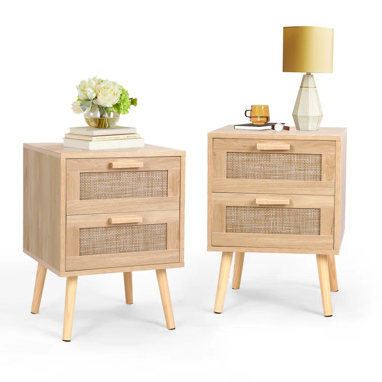 Modern Nightstand, End Table bedside Table With 2 Hand Made Rattan Decorated Drawers, Wood Accent Table With Storage For Bedroom