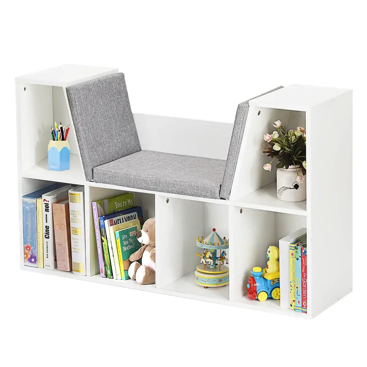 Kid Book Toy Storage Cabinet Bookshelf Cushion Versatile Bench Geometric Bookcase