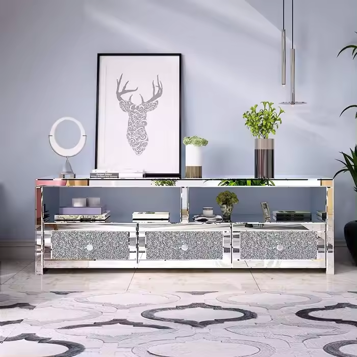 Modern 3 Drawer Mirrored Crystal TV Stand Silver TV Console Table Tv Cabinet For Living Room Hotel Furniture