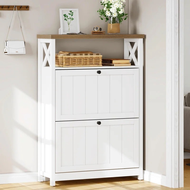 Modern Large Capacity Entryway Furniture White Wood Barn Door Shoe Cabinet