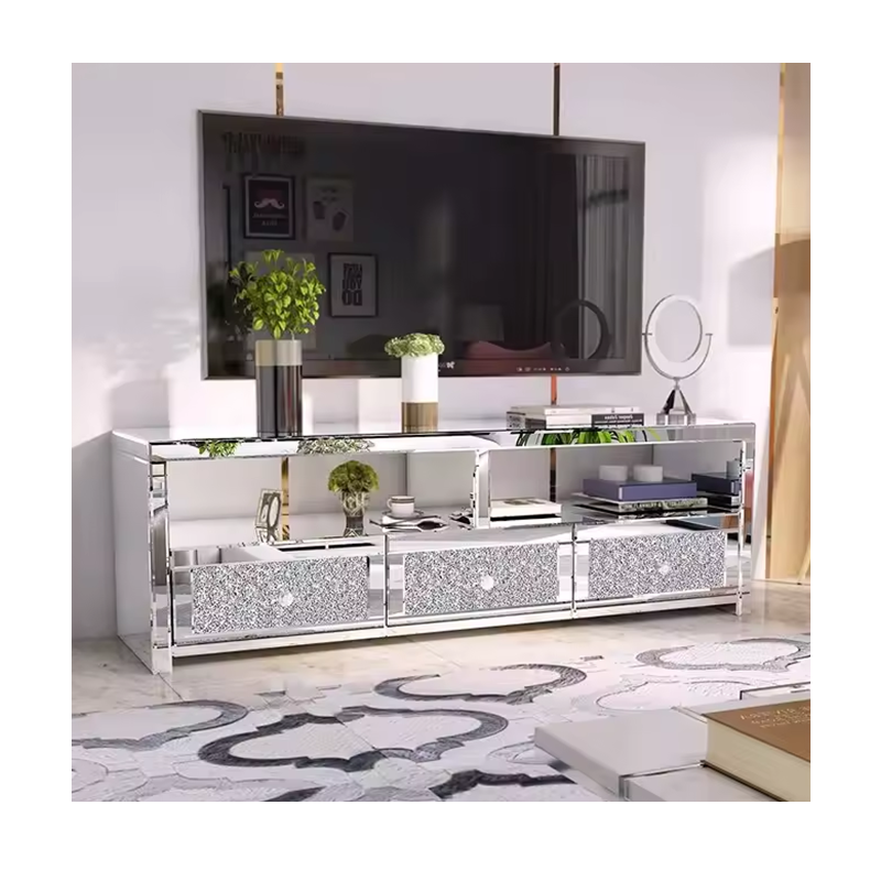 Modern 3 Drawer Mirrored Crystal TV Stand Silver TV Console Table Tv Cabinet For Living Room Hotel Furniture