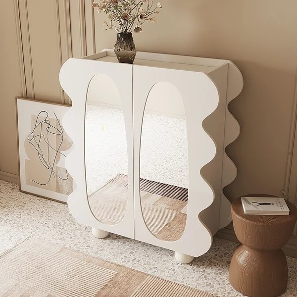 Modern White Shoe Storage Wave Design Wooden Mirror Shoe Cabinet